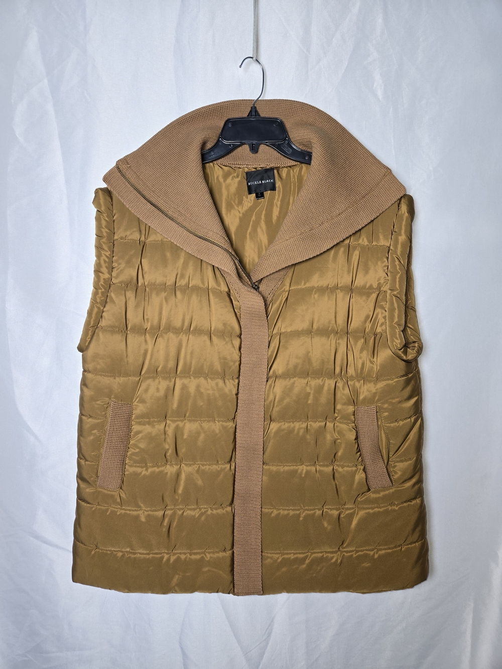 Buckle Quilted Puffer Vest with Knit Shawl Collar in Camel